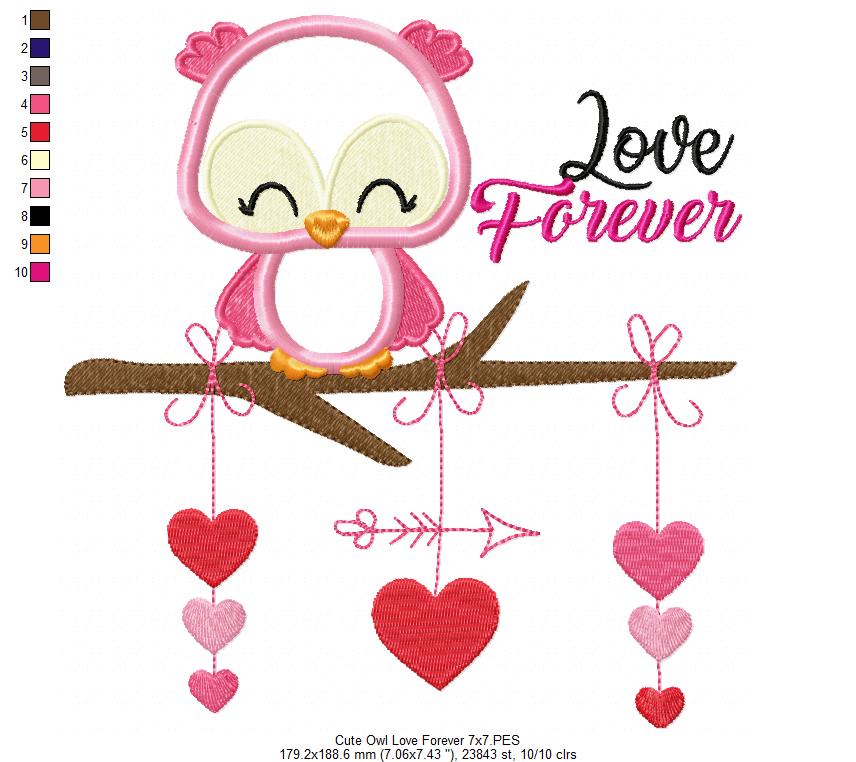 Cute Owl Love Forever - Applique - Machine Embroidery Design