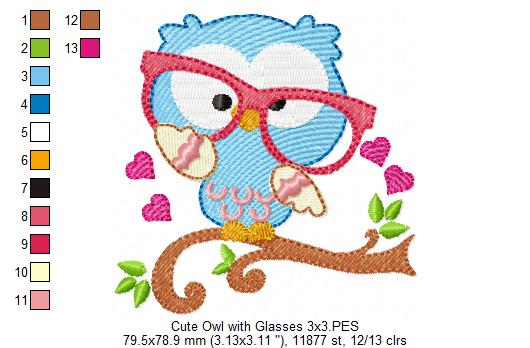Sweet Nerdy Owl with Glasses - Fill Stitch – Machine Embroidery Design