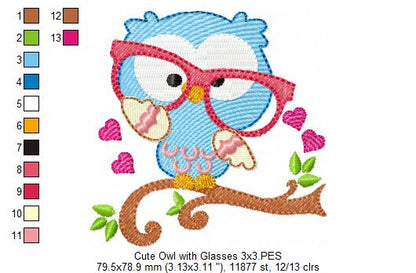 Sweet Nerdy Owl with Glasses - Fill Stitch – Machine Embroidery Design