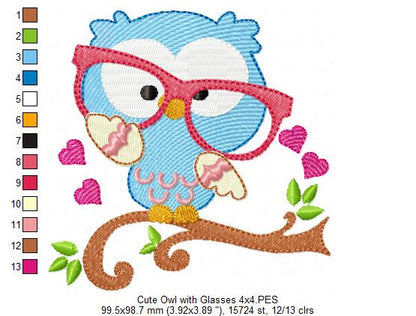 Sweet Nerdy Owl with Glasses - Fill Stitch – Machine Embroidery Design