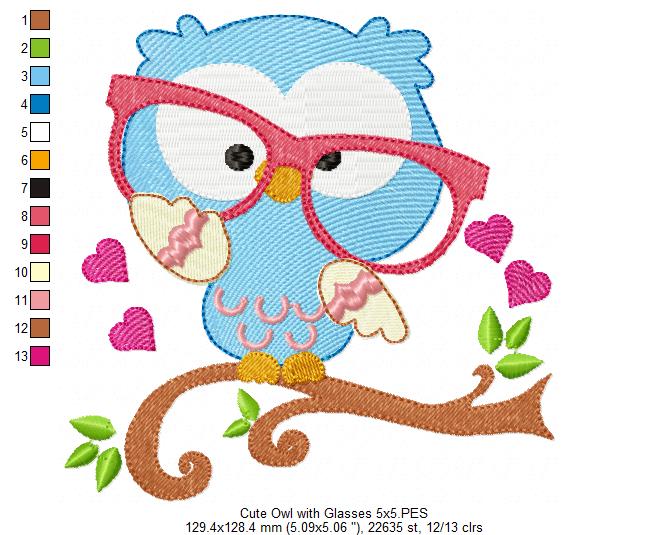 Cute Owl with Glasses - Fill Stitch - Machine Embroidery Design