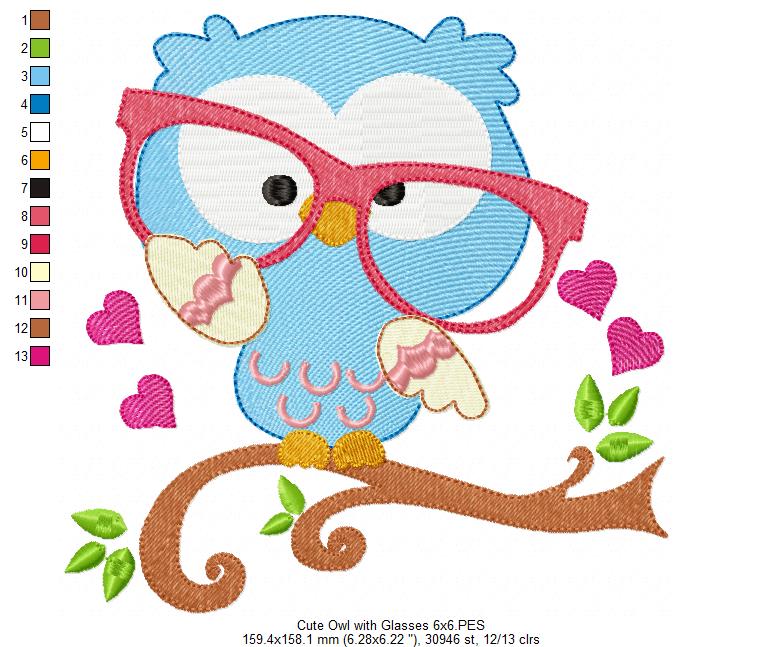 Cute Owl with Glasses - Fill Stitch - Machine Embroidery Design
