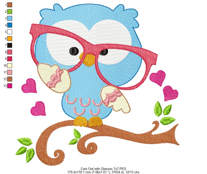 Sweet Nerdy Owl with Glasses - Fill Stitch – Machine Embroidery Design