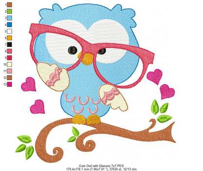 Sweet Nerdy Owl with Glasses - Fill Stitch – Machine Embroidery Design