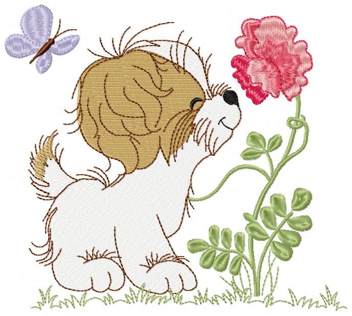 Puppy Smelling a Flower - Fill Stitch - Machine Embroidery Design