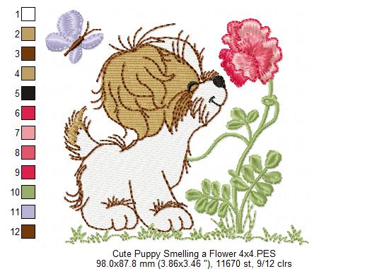 Puppy Smelling a Flower - Fill Stitch - Machine Embroidery Design