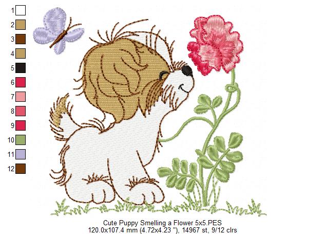 Puppy Smelling a Flower - Fill Stitch - Machine Embroidery Design