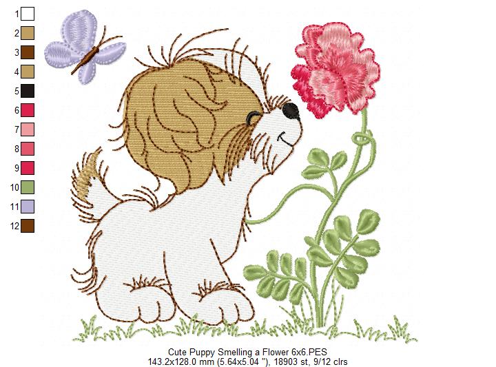 Puppy Smelling a Flower - Fill Stitch