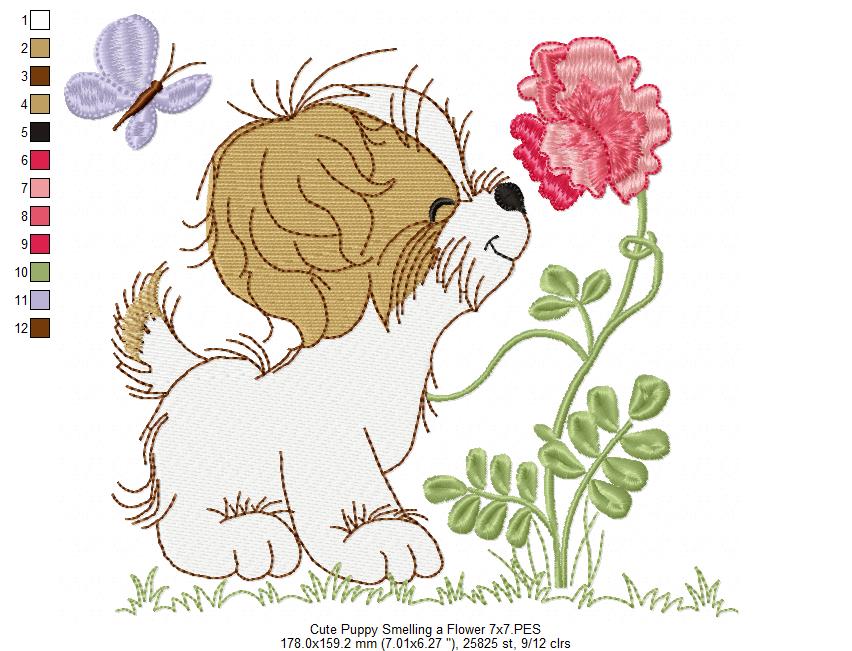 Puppy Smelling a Flower - Fill Stitch - Machine Embroidery Design