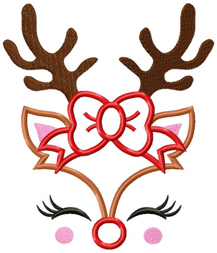 Cute Christmas Rudolph Reindeer Girl Bow - Applique - Machine Embroidery Design