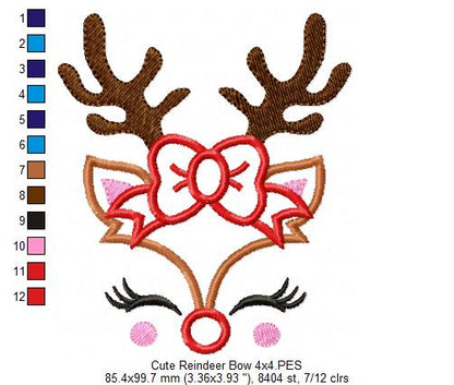 Cute Christmas Rudolph Reindeer Girl Bow - Applique - Machine Embroidery Design