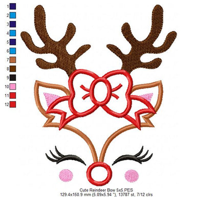 Cute Christmas Rudolph Reindeer Girl Bow - Applique - Machine Embroidery Design