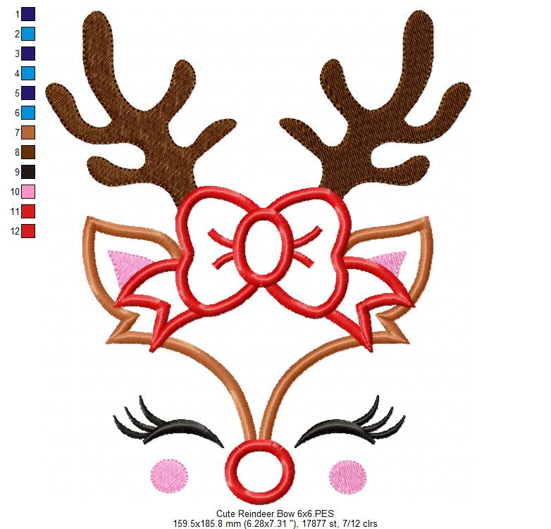 Cute Christmas Rudolph Reindeer Girl Bow - Applique - Machine Embroidery Design