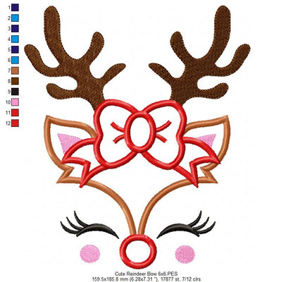 Cute Christmas Rudolph Reindeer Girl Bow - Applique - Machine Embroidery Design