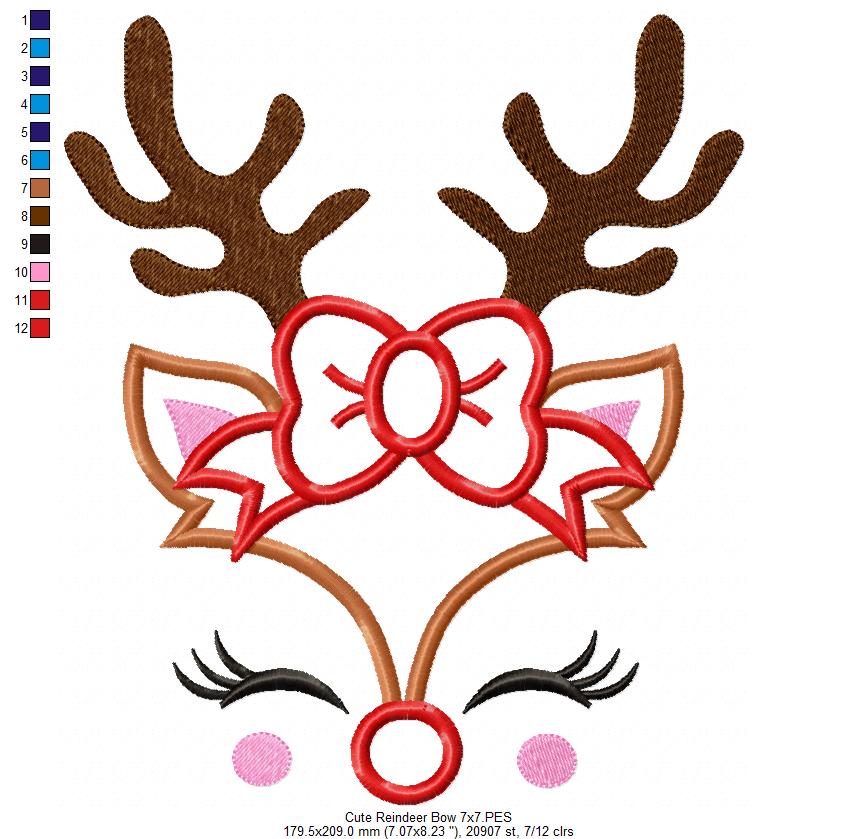 Cute Christmas Rudolph Reindeer Girl Bow - Applique - Machine Embroidery Design