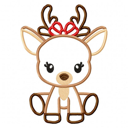 Christmas Reindeer Girl Bow - Applique - Machine Embroidery Design