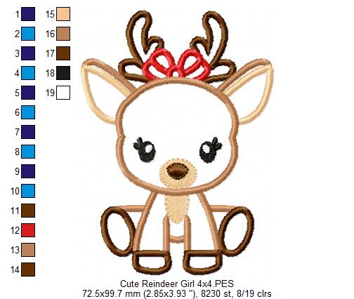 Christmas Reindeer Girl Bow - Applique - Machine Embroidery Design