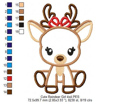 Christmas Reindeer Girl Bow - Applique - Machine Embroidery Design