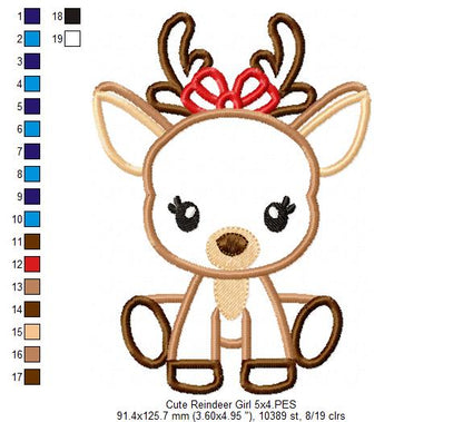 Christmas Reindeer Girl Bow - Applique - Machine Embroidery Design
