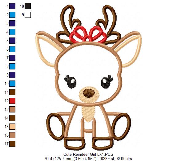 Christmas Reindeer Girl Bow - Applique - Machine Embroidery Design