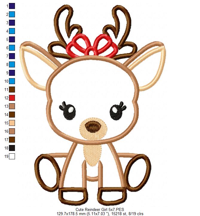 Christmas Reindeer Girl Bow - Applique - Machine Embroidery Design