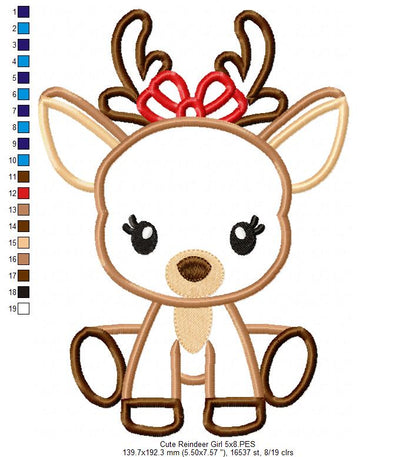 Christmas Reindeer Girl Bow - Applique - Machine Embroidery Design