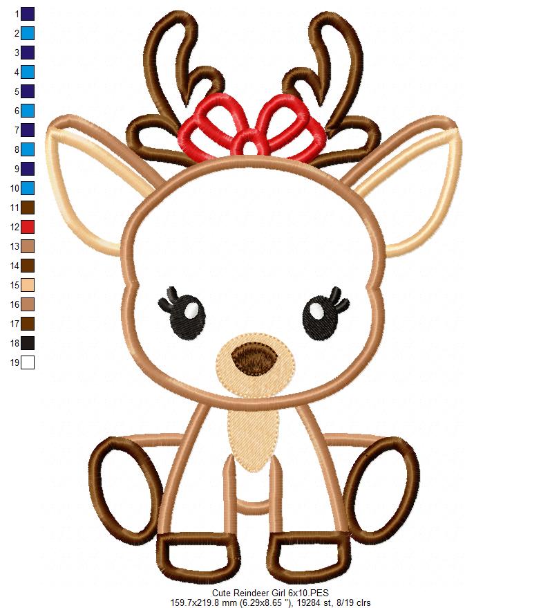 Christmas Reindeer Girl Bow - Applique - Machine Embroidery Design