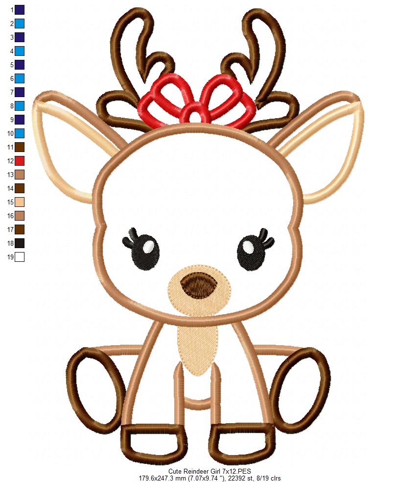 Christmas Reindeer Girl Bow - Applique - Machine Embroidery Design
