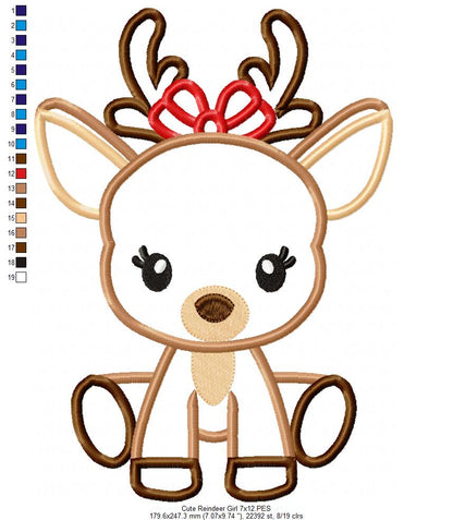 Christmas Reindeer Girl Bow - Applique - Machine Embroidery Design