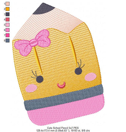 School Pencil with Bow - Rippled Stitch - Machine Embroidery Design