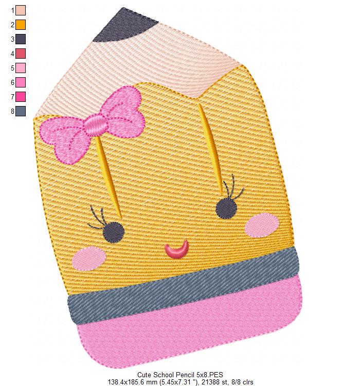 School Pencil with Bow - Rippled Stitch - Machine Embroidery Design