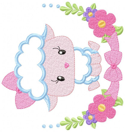 Sheep Girl and Flowers - Applique - Machine Embroidery Design