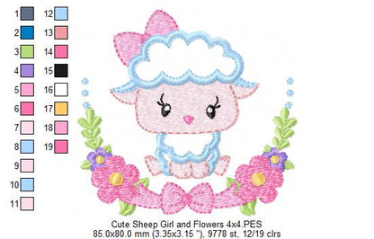 Sheep Girl and Flowers - Applique - Machine Embroidery Design