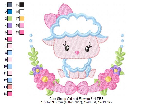 Sheep Girl and Flowers - Applique - Machine Embroidery Design