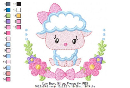 Sheep Girl and Flowers - Applique - Machine Embroidery Design