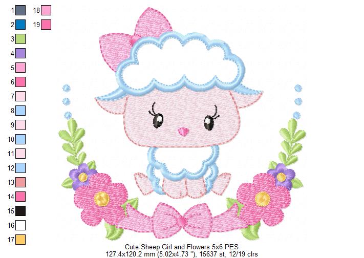 Sheep Girl and Flowers - Applique - Machine Embroidery Design