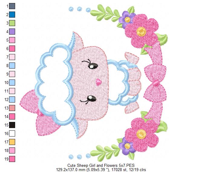 Sheep Girl and Flowers - Applique - Machine Embroidery Design