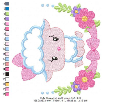 Sheep Girl and Flowers - Applique - Machine Embroidery Design