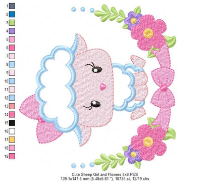 Sheep Girl and Flowers - Applique - Machine Embroidery Design