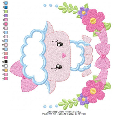 Sheep Girl and Flowers - Applique - Machine Embroidery Design