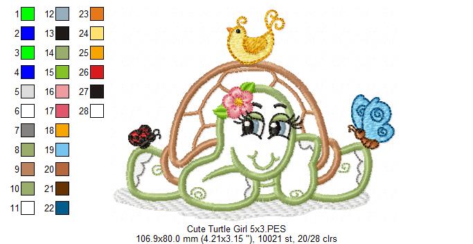 Cute Turtle Girl - Applique - Machine Embroidery Design
