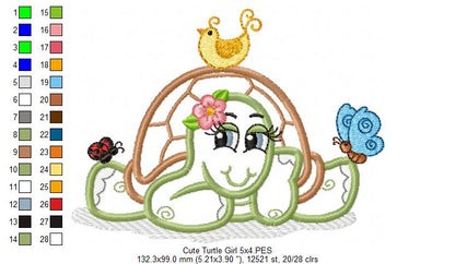 Cute Turtle Girl - Applique - Machine Embroidery Design
