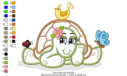 Cute Turtle Girl - Applique - Machine Embroidery Design