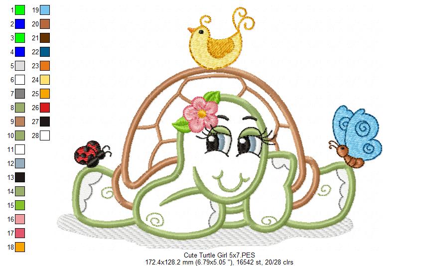 Cute Turtle Girl - Applique - Machine Embroidery Design