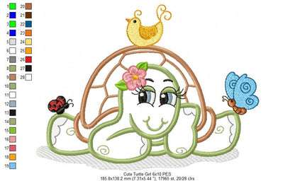 Cute Turtle Girl - Applique - Machine Embroidery Design