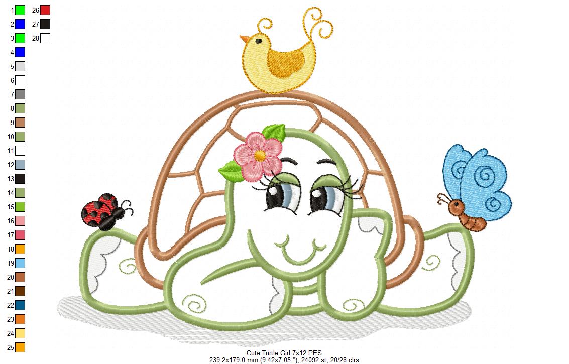 Cute Turtle Girl - Applique - Machine Embroidery Design