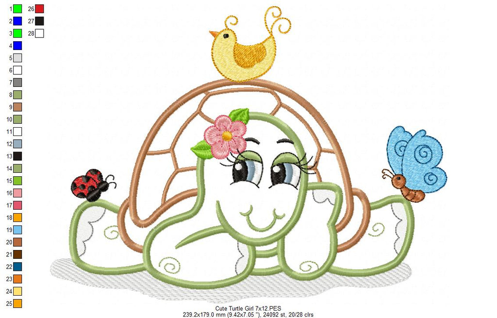 Cute Turtle Girl - Applique - Machine Embroidery Design