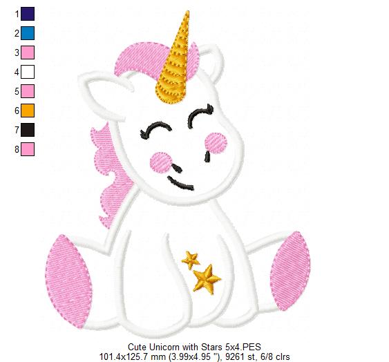 Cute Unicorn - Applique - Machine Embroidery Design