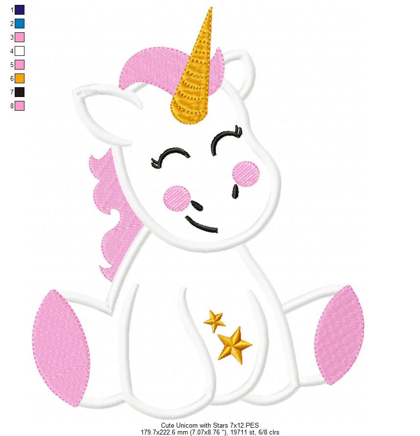Cute Unicorn - Applique - Machine Embroidery Design