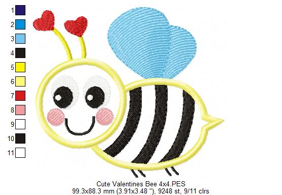 Cute Valentines Bumble Bee - Applique - Machine Embroidery Design